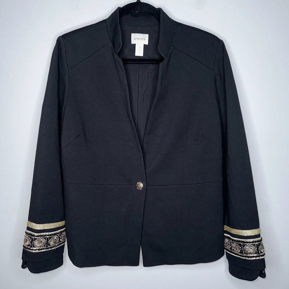 NWT Chico’s Women’s Ponte Cuff Detail Jacket One Button Black Embellished Women